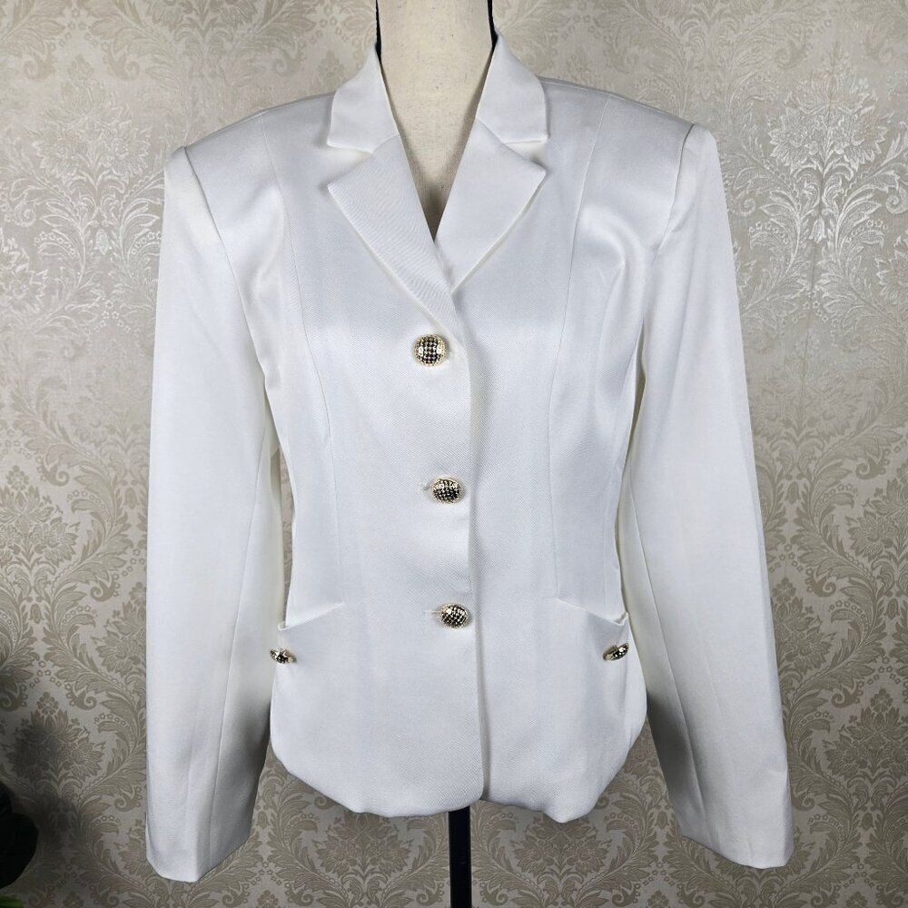 Commense Size XL White Button Front Blazer Gold Toned Metal Buttons Pockets